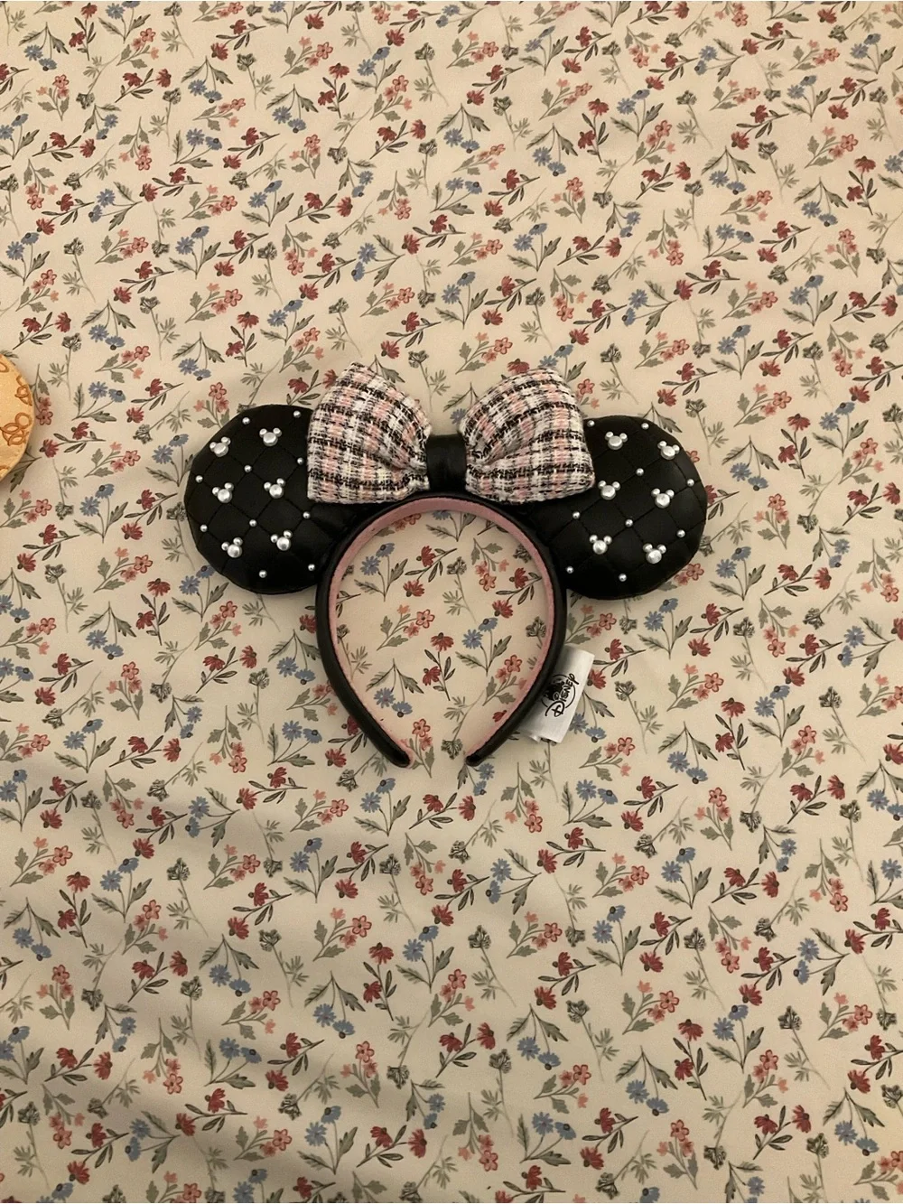 Disney Black Quilted Pearl Minnie Ear Headband with Pink Plaid Bow